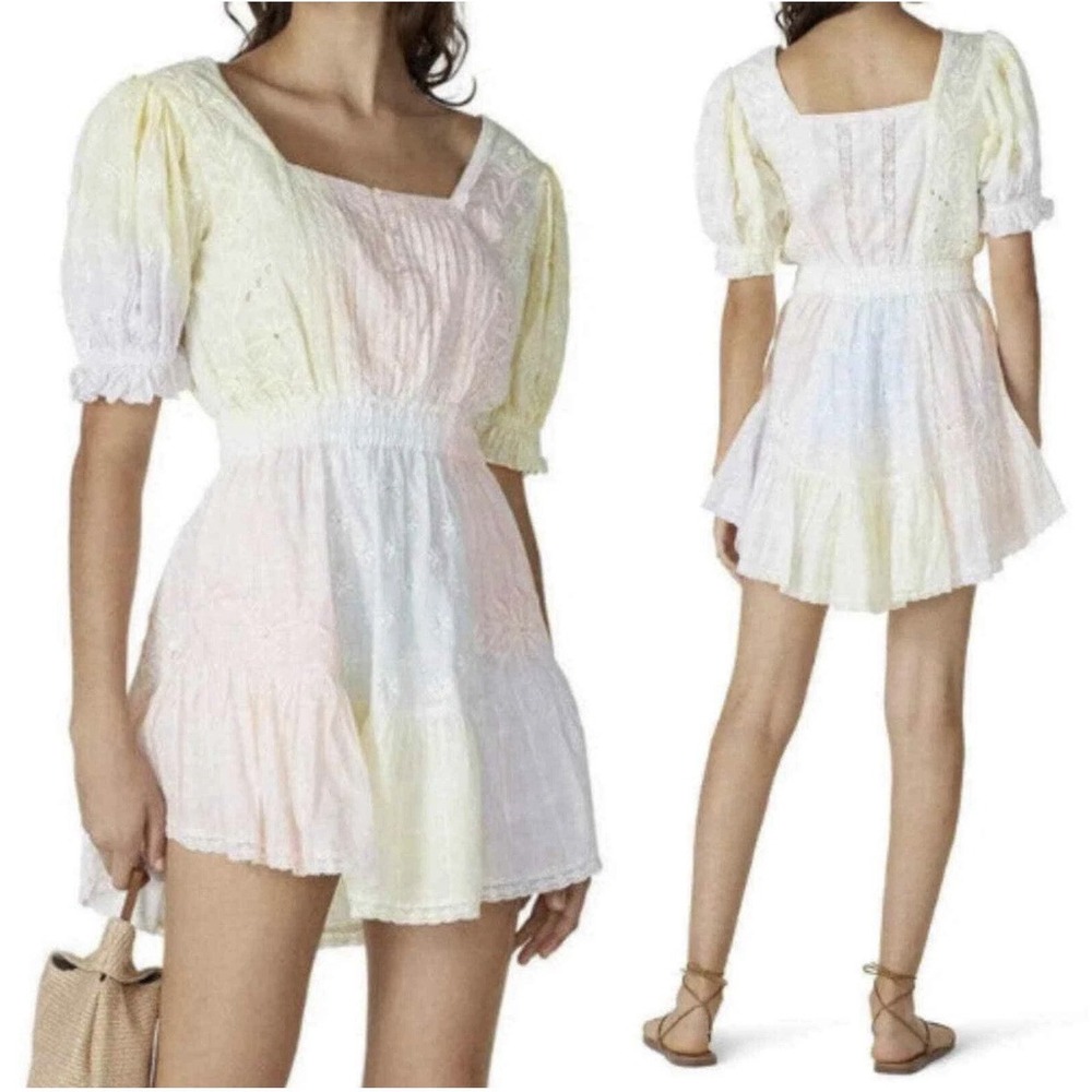 LoveShackFancy Tie Dye Tomasina Puff Sleeve Mini Dress Size medium Eyelet